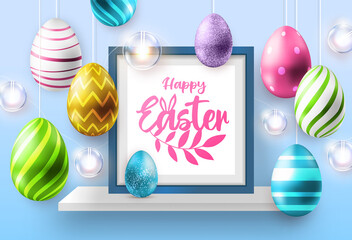 Holiday Easter background with colorful easter eggs, picture frame and lamps. Greeting card or poster. Vector illustration