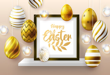 Holiday Easter background with golden easter eggs, picture frame and lamps. Greeting card or poster. Vector illustration