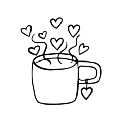 A mug with hot drink and hearts around it. Contour simple childish drawing. A single icon is symbol of valentine and love.