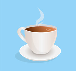 White cup of fresh coffee, tea on an isolated background. Design for logo, icon, banner, poster, postcard, cafe, restaurant. Flat vector illustration.