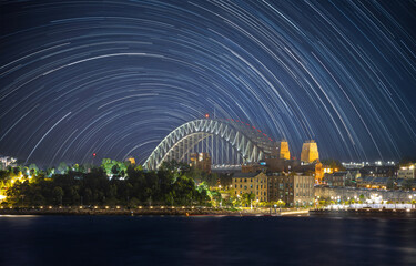 Startrails Sydney Harbour Bridge star trails in the night sky NSW Australia 