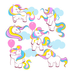Drawing cute unicorn Set, Cute Cartoon Unicorns, vector illustration