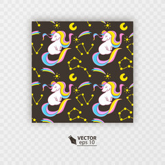Unicorn pattern. Seamless pattern with white unicorns, rainbow and stars. Isolated on dark background, Vector format
