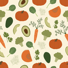 Seamless pattern with pumpkin, avocado, spinach, broccoli, carrots, dill and parsley. Backgrounds and wallpapers for invitations, cards, fabrics, packaging, textiles, posters. Vector illustration.