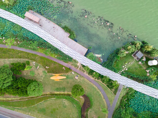 Summer park with green lawns and straight paths, top view