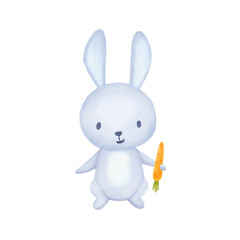Watercolor illustration bunny. Cute baby rabbit with carrot isolated on white background.