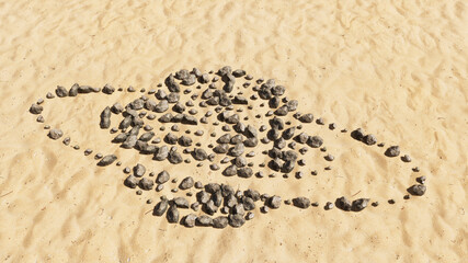 Concept conceptual stones on beach sand handmade symbol shape, golden sandy background, internet icon. 3d illustration metaphor for communication, technology, network, connection, travel and business
