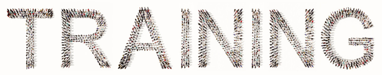 Concept conceptual large community of people forming TRAINING word. 3d illustration metaphor for education, learning, motivation, career, professional, goals, leadership, mentoring and coaching