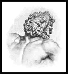 Pencil sketch drawing detail of the Laocoon (Laocoön) and his Sons. Famous ancient sculpture. Poster, Wall Decoration, Postcard, Social Media Banner, Brochure Cover Design Background. Vector Pattern.
