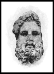 Pencil sketch drawing of the Colossal head of a statue of Zeus. Marble. Poster, Wall Decoration, Postcard, Social Media Banner, Brochure Cover Design Background. Vector Pattern.