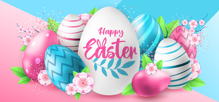 Holiday Easter background with pink and blue easter eggs, leaves and flowers. Greeting card or poster. Vector illustration