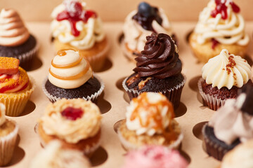 Many small colorful decorated cupcakes in pastry shop