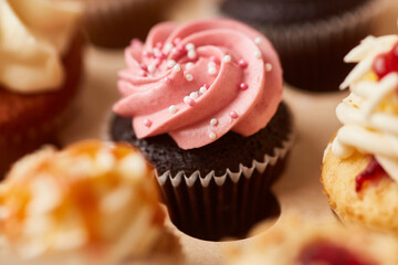 Small pink cupcake with raspberry cream and sugar pearls