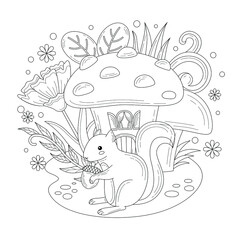 little squirrel in front of its little mushroom house doodle or line drawing illustration