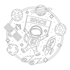 astronaut in the space flying illustration in outline or doodle style design