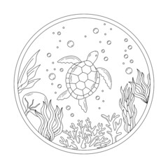 life under the sea illustration in outline or doodle style