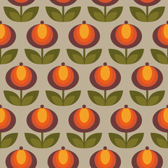 Fototapeta na wymiar Abstract 1970s Seamless Pattern: Flowers in Ocher Colors. Retro Style, Geometric Vintage Background. Hand-Drawn Vector illustration. Seventies Colorful Wallpaper.