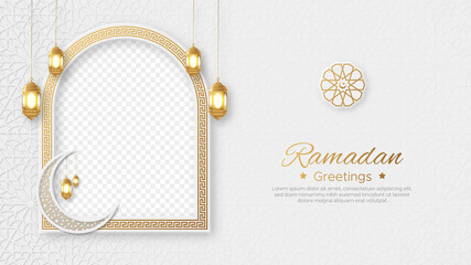Ramadan Kareem Islamic social media post with empty space for photo and lantern ornament pattern background