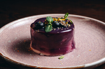 Italian dessert - panna cotta with blueberries and mint