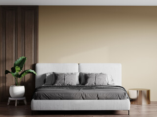 Cozy master bedroom in brown beige tones. large gray bed in home design. Wood paneling, golden round bedside table, walnut parquet, beautiful graphite bed linen. 3d rendering