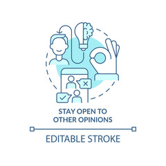 Stay open to other opinions turquoise concept icon. Open minded partnership abstract idea thin line illustration. Isolated outline drawing. Editable stroke. Roboto-Medium, Myriad Pro-Bold fonts used