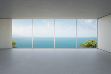 Fototapeta na wymiar Glass window near blank wall on empty concrete floor of large living room in modern house or luxury hotel. Minimal home interior 3d rendering with beach and sea view.