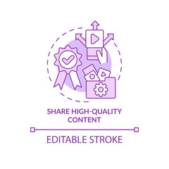 Share high-quality content purple concept icon. Engaging on social media abstract idea thin line illustration. Isolated outline drawing. Editable stroke. Roboto-Medium, Myriad Pro-Bold fonts used