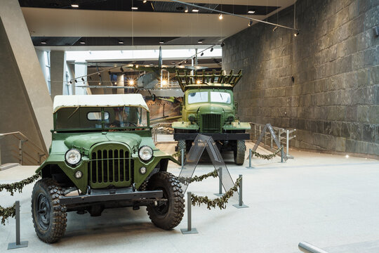Soviet russian Army Truck GAZ-67 and Katyusha rocket launchers BM-13N In The Belarusian Museum Of The Great Patriotic War in Minsk, Belarus