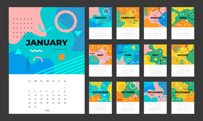 Calendar 2022 template vector, Set Desk calendar 2022, wall calendar design, Planner, Week start on Sunday, vertical layout, - 480360927
