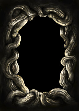 Ancient roots vertical frame / Illustration abstract frame with fantasy branches or roots. Digital painting 
