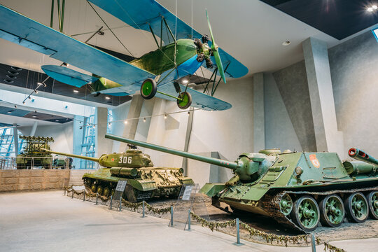 Soviet Russian light night bomber PO-2, heavy tank IS-2, tank destroyer SU-100 in Belarusian Museum Of The Great Patriotic War in Minsk, Belarus.