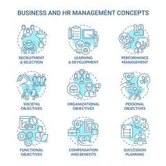 HR and business management turquoise concept icons set. Human resource duties idea thin line color illustrations. Isolated outline drawings. Editable stroke. Roboto-Medium, Myriad Pro-Bold fonts used