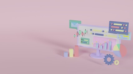 グラフやデータ、チャート、インターネットの情報を分析するデスクトップパソコンの3Dイラスト（ピンク）　3D illustration of desktop computer analyzing graphs, data, chart, and internet information (pink)