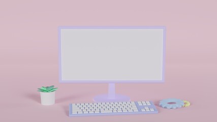 シンプルで可愛いデスクトップパソコンの3Dイラスト壁紙背景素材（ピンク）　3D illustration of desktop computer with copy space, keyboard, plant and gears (pink)