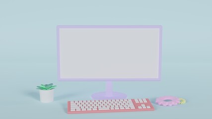 シンプルで可愛いデスクトップパソコンの3Dイラスト壁紙背景素材（青）　3D illustration of desktop computer with copy space, keyboard, plant and gears (blue)