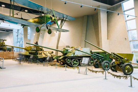 Soviet russian light night bomber PO-2, heavy tank IS-2, tank destroyer SU-100 and anti-tank cannons ZIS-2 and ZIS-3 In The Museum Of Great Patriotic War in Minsk, Belarus.