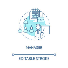 Manager turquoise concept icon. Administration and control. Business career abstract idea thin line illustration. Isolated outline drawing. Editable stroke. Roboto-Medium, Myriad Pro-Bold fonts used
