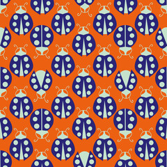 Cute ladybird seamless vector pattern background. Three different types of blue ladybugs with strawberries on neon orange backdrop. Geometric repeat. Fun gender neutral design for kids and summer