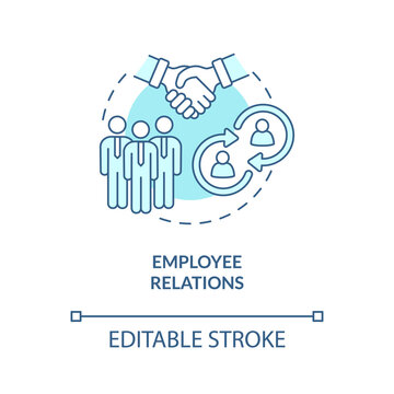 Employee Relations Turquoise Concept Icon. Skills For Human Resources Abstract Idea Thin Line Illustration. Isolated Outline Drawing. Editable Stroke. Roboto-Medium, Myriad Pro-Bold Fonts Used