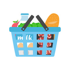cartoon supermarket basket with produce, vector illustration