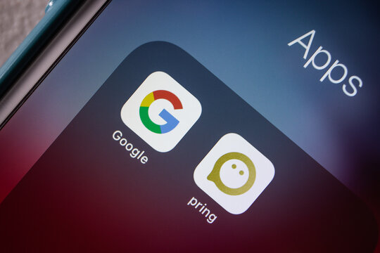 Kumamoto, JAPAN - Jul 14 2021 : The concept image Google and Pring app on iPhone screen. In 2021 July, Google announced that to buy Japanese startup fintech payments firm Pring.