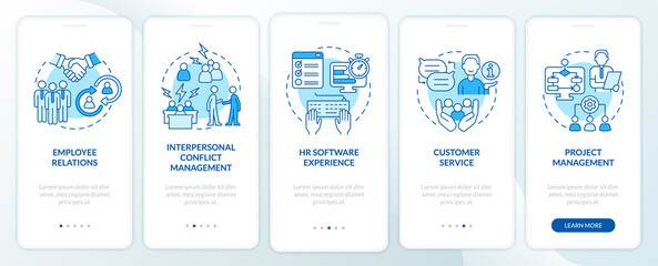 Skills for human resources manager blue onboarding mobile app screen. Walkthrough 5 steps graphic instructions pages with linear concepts. UI, UX, GUI template. Myriad Pro-Bold, Regular fonts used