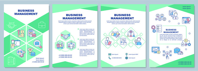 Business mangement brochure template. Coordination and control. Booklet print design with linear icons. Vector layouts for presentation, annual reports, ads. Arial-Black, Myriad Pro-Regular fonts used