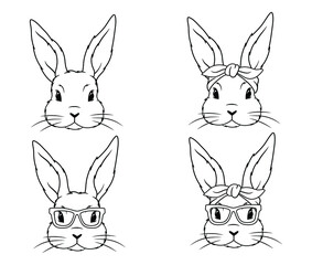 Set of cute bunny faces. Collection of cartoon rabbit faces with glasses and hendband. Holiday rabbits. Eater hare. Colorful illustration isolated on white white. Drawing with children.