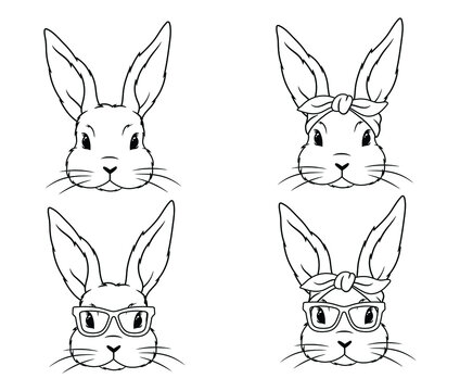 Set of cute bunny faces. Collection of cartoon rabbit faces with glasses and hendband. Holiday rabbits. Eater hare. Colorful illustration isolated on white white. Drawing with children.