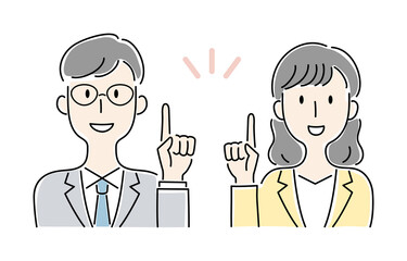 手描き風・笑顔で指さす男女のベクターイラスト