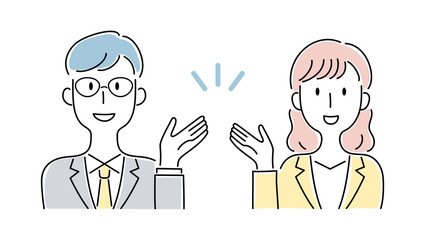 手描き風・笑顔で案内する男女のベクターイラスト