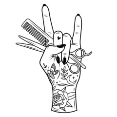 Female hand with hairdressing tools. Hairdresser logo. Beauty salon. Hair hustlers illustration. Stylists hand with scissors. Horn sign. Haircut. Tattoo.