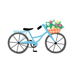A cute bicycle with a basket of fresh flowers. Symbol of Netherlands, resort countries and serene rest. 