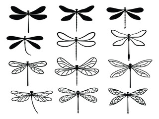 Set of stylized dragonflies. Collection of linear flying dragonflies. Vector illustration of on a white background.